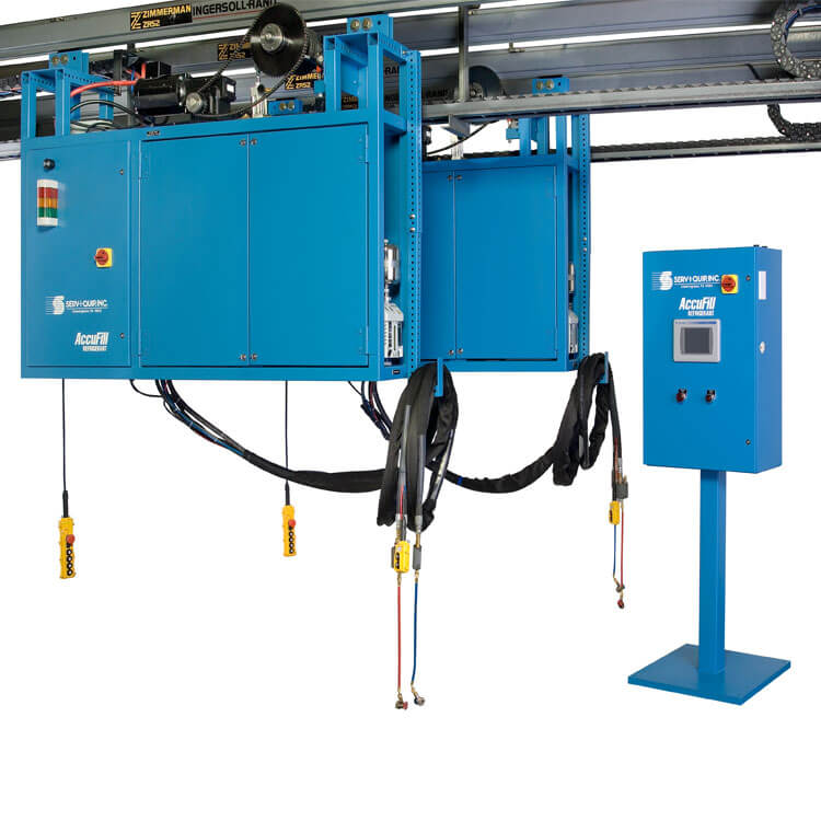 Overhead rail mounted AccuFill A/C Fill System with VFD motors